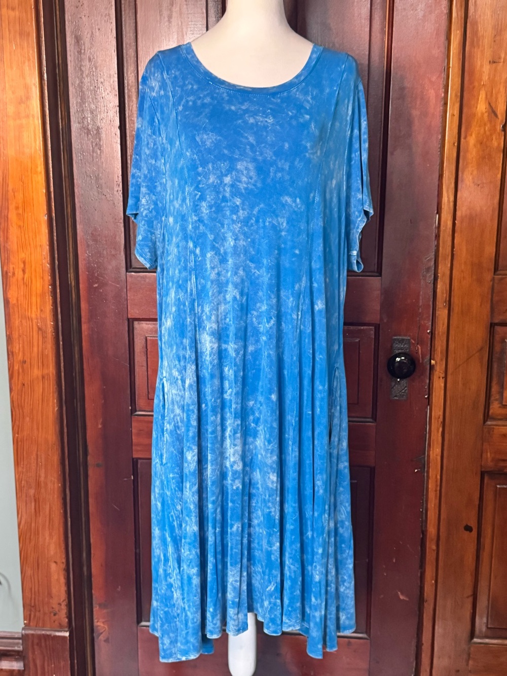 Torrid Super Soft Knit Distressed Blue and White Dress 2X Pockets and Flared